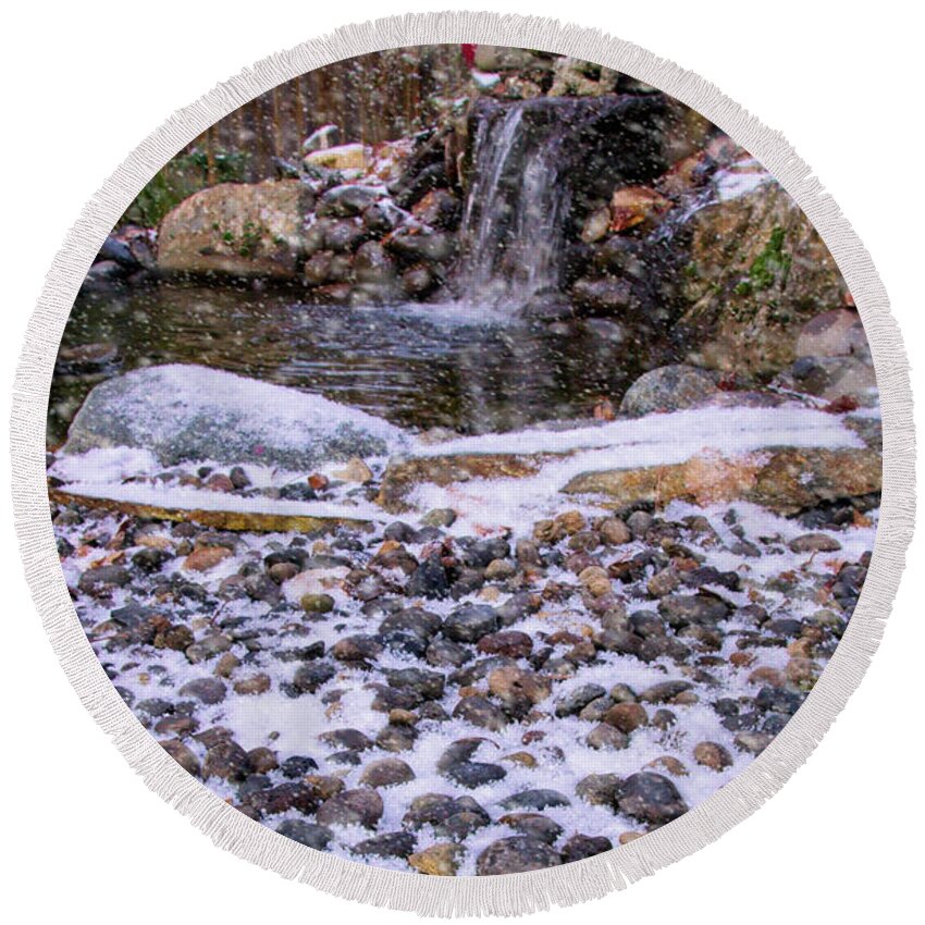 Cold Round Beach Towel featuring the photograph Cold Day At The Pond by Mick Anderson