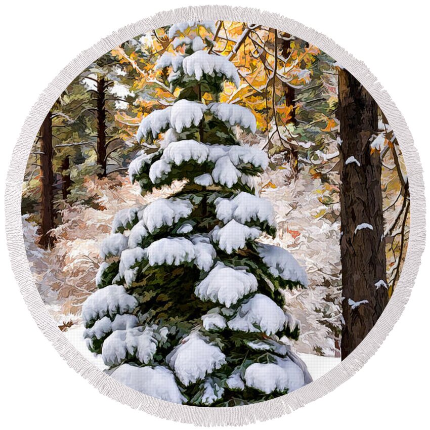 Background Round Beach Towel featuring the photograph Cold Forest by Maria Coulson