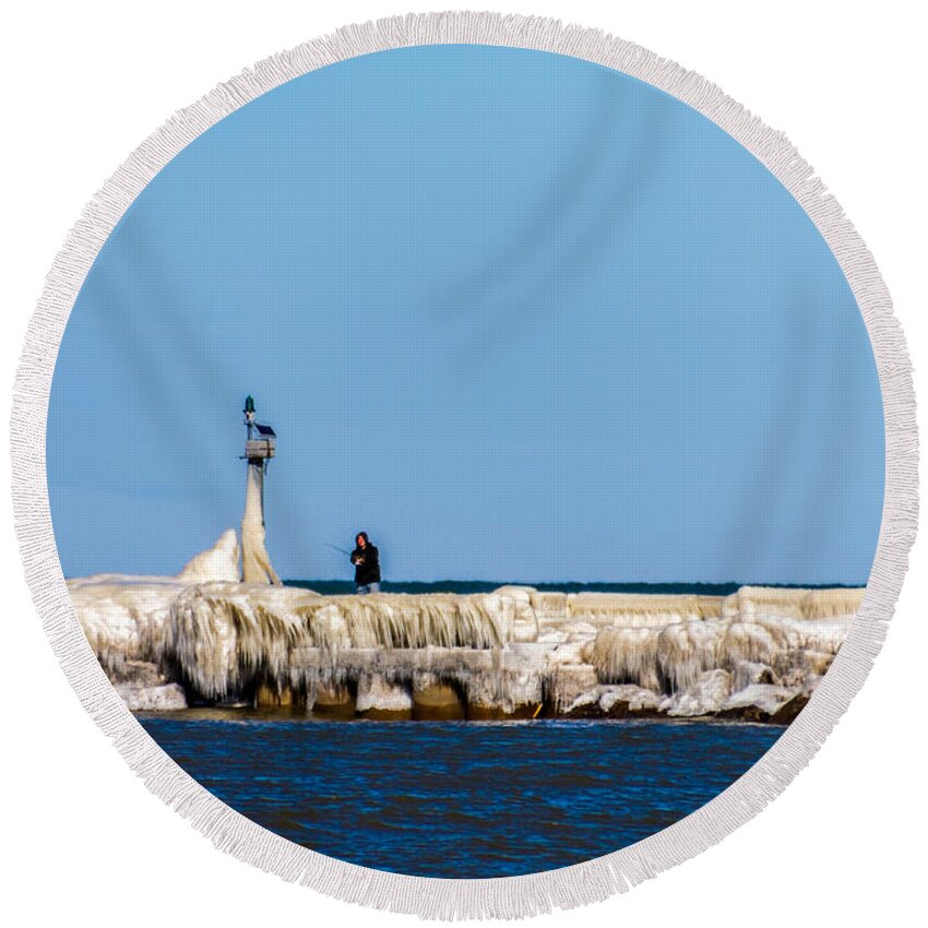 Pier Round Beach Towel featuring the photograph Cold Water Fishing by William Norton