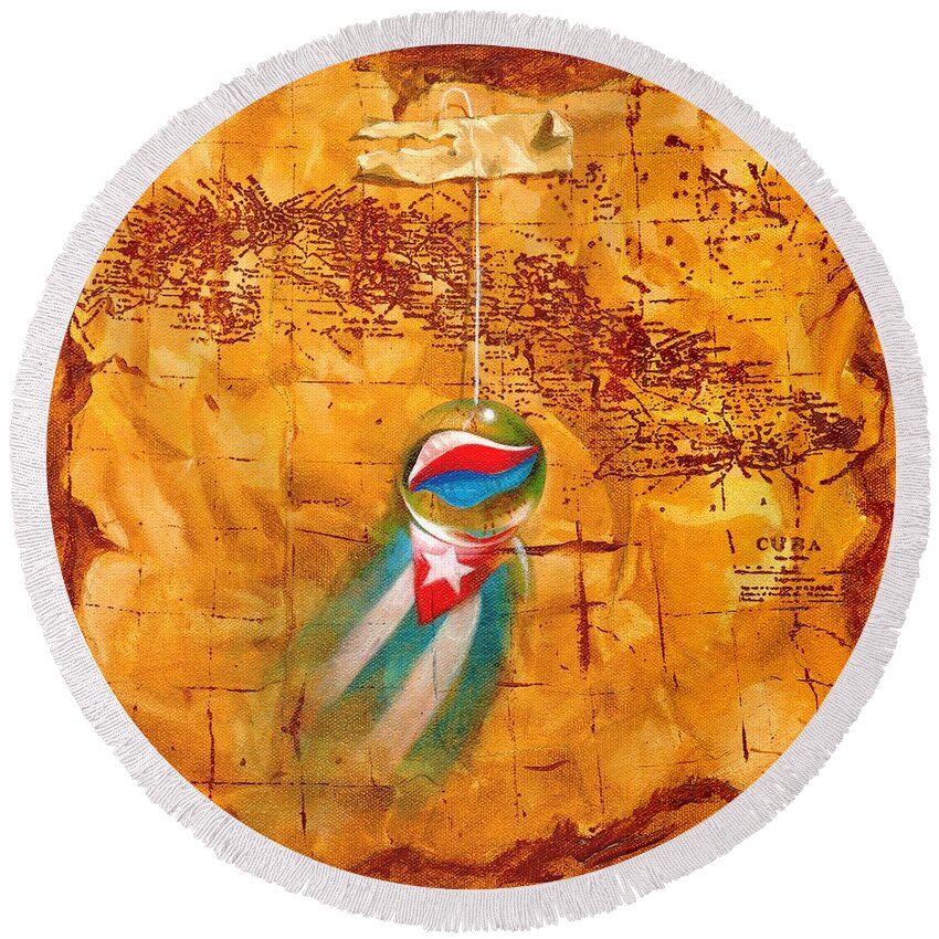 Marble Hanging By A String Round Beach Towel featuring the painting Colgando En Un Hilito by Roger Calle