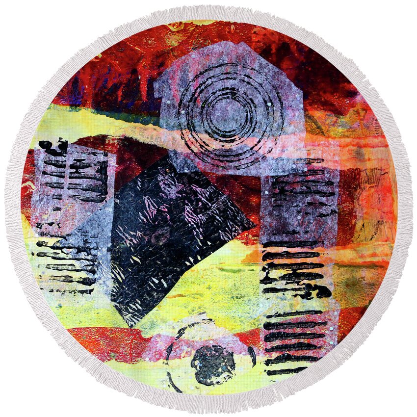 Large Mixed Media Collage Round Beach Towel featuring the mixed media Collage No. 3 by Nancy Merkle
