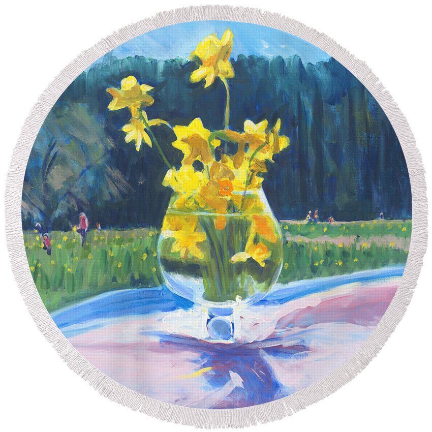 Daffodils Round Beach Towel featuring the painting Collecting Daffodils by Candace Lovely