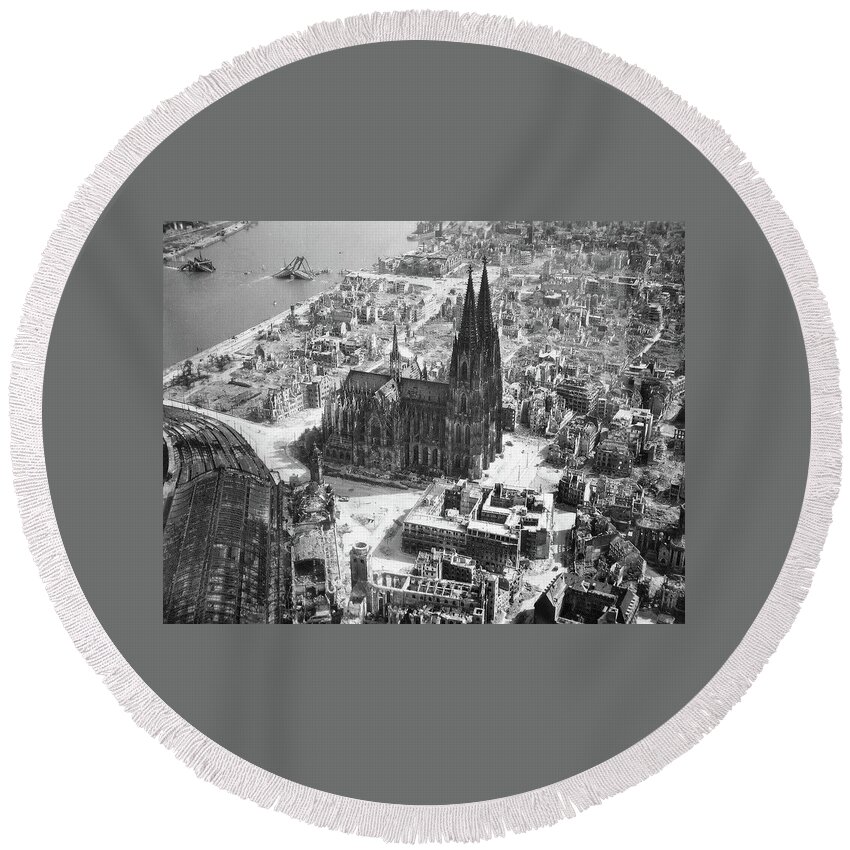 Cologne Cathedral Still Standing After Allied Bombings Cologne Germany 1944 Round Beach Towel featuring the photograph Cologne Cathedral still standing after Allied bombings Cologne Germany 1944 by David Lee Guss
