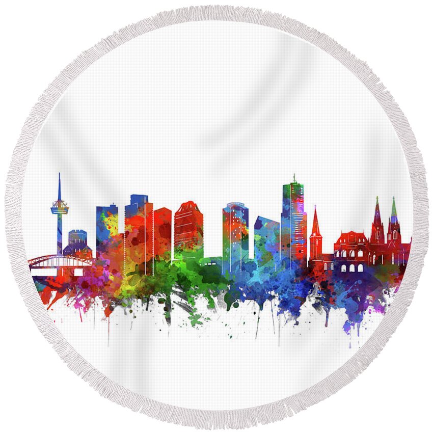 Cologne Round Beach Towel featuring the digital art Cologne City Skyline Watercolor 2 by Bekim M