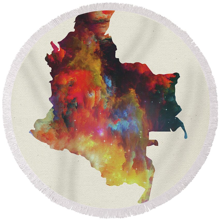 Colombia Round Beach Towel featuring the mixed media Colombia Watercolor Map by Design Turnpike