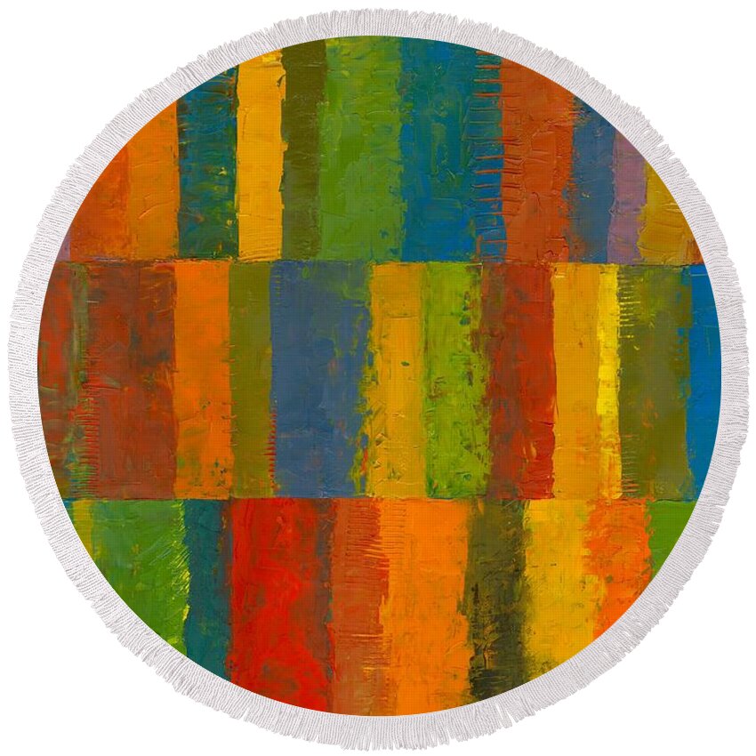 Abstract Round Beach Towel featuring the painting Color Collage with Stripes by Michelle Calkins