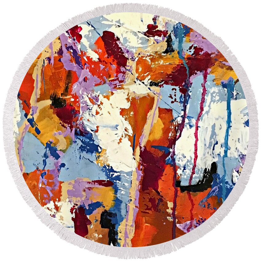 Abstract Round Beach Towel featuring the painting Color Storm by Mary Mirabal