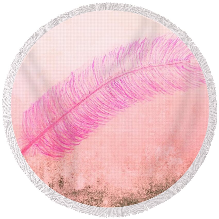 Pink Round Beach Towel featuring the drawing Color Trend Feather In The Wind by Rachel Hannah