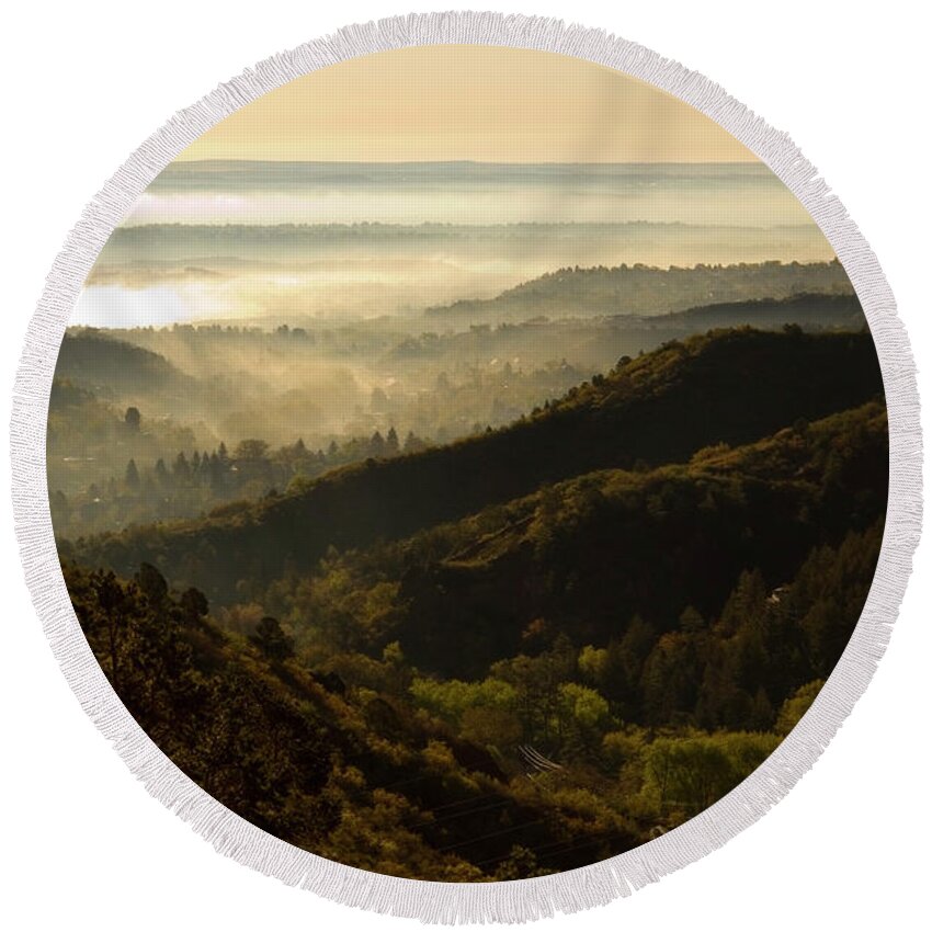 Colorado Springs Round Beach Towel featuring the photograph Colorado and Manitou Springs Valley in Fog by Steven Krull