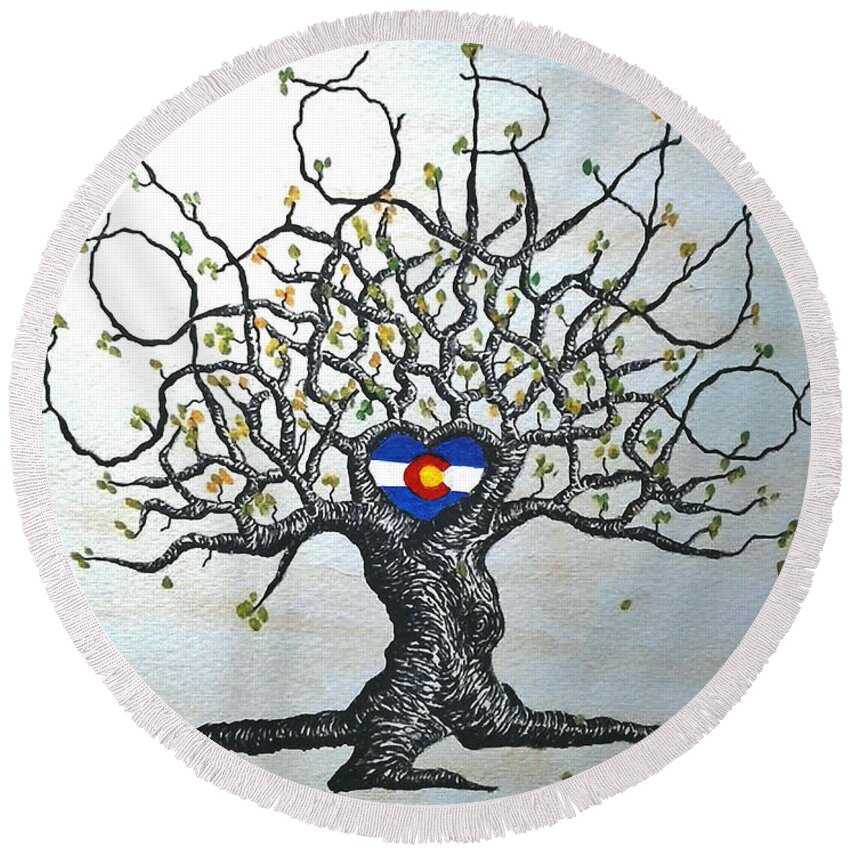 Colorado Round Beach Towel featuring the drawing Colorado Flag Love Tree by Aaron Bombalicki