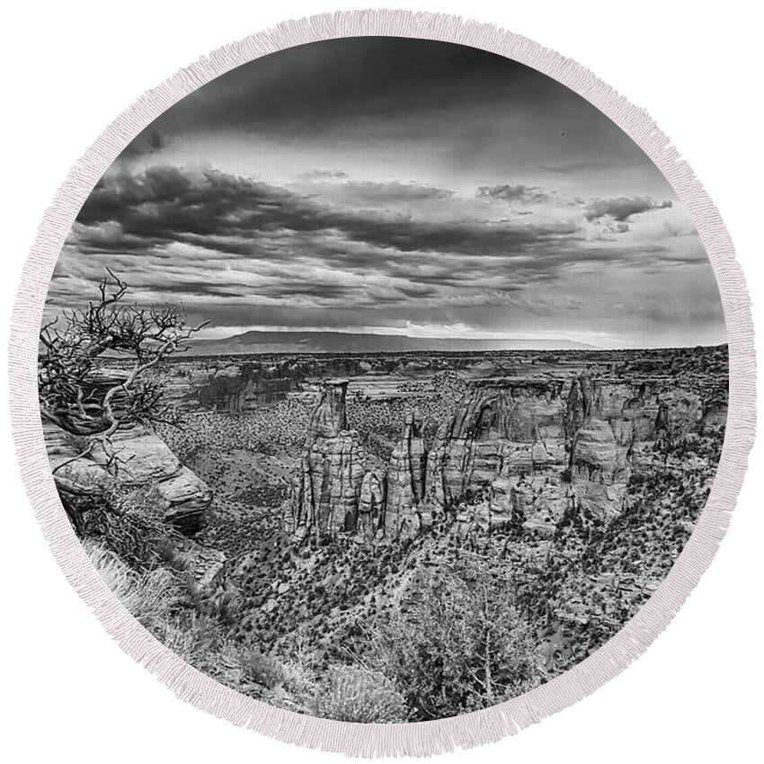 Monochrome Round Beach Towel featuring the photograph Colorado National Monument in Black and White by James BO Insogna