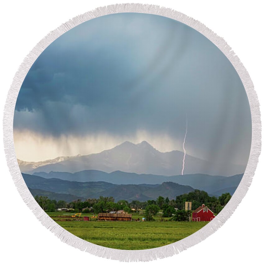 Severe Round Beach Towel featuring the photograph Colorado Rocky Mountain Red Barn Country Storm by James BO Insogna