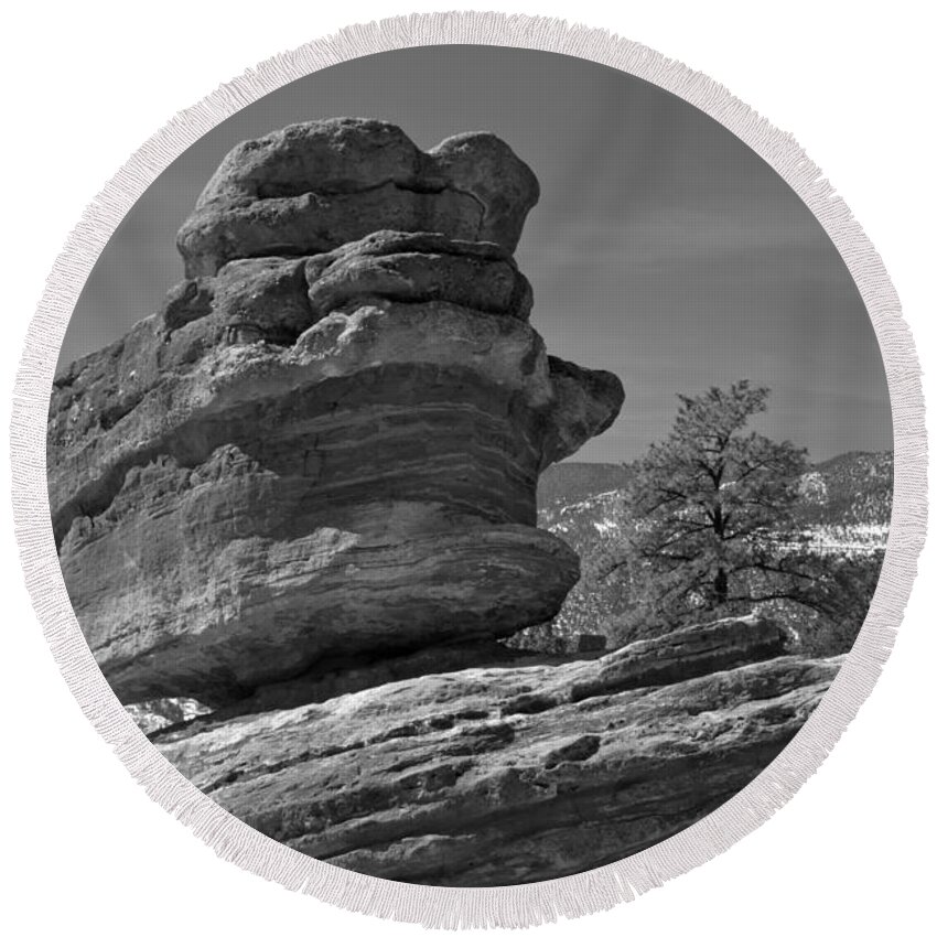 Balanced Rock Round Beach Towel featuring the photograph Colorado Springs Balanced Rock Black And White by Adam Jewell