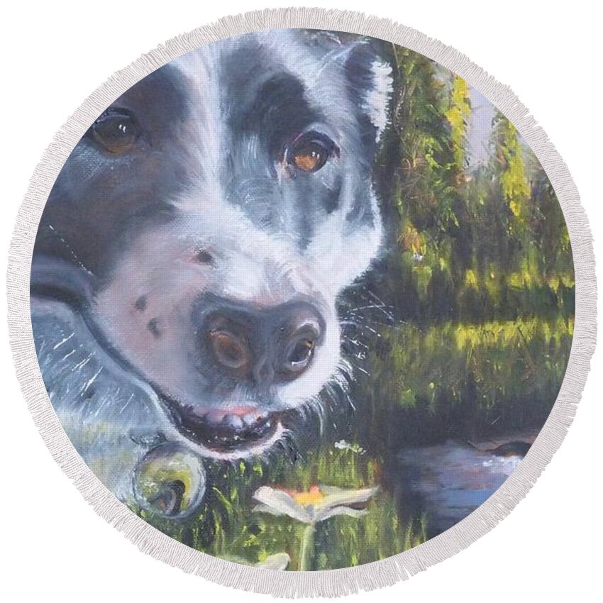 Colorado Round Beach Towel featuring the painting Colorado Trail Buddy by Susan A Becker