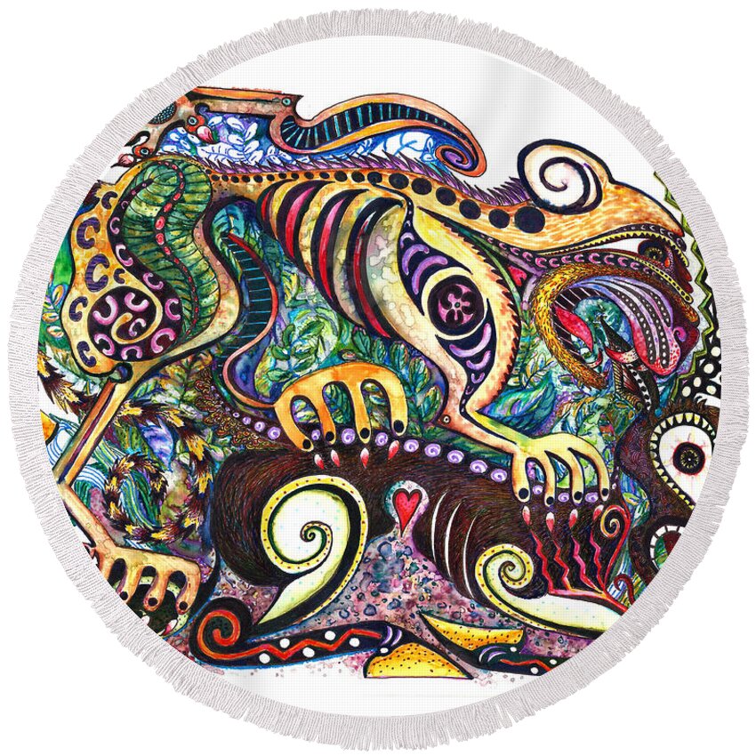 Lion Round Beach Towel featuring the painting Colored cultural zoo D version 2 by Melinda Dare Benfield