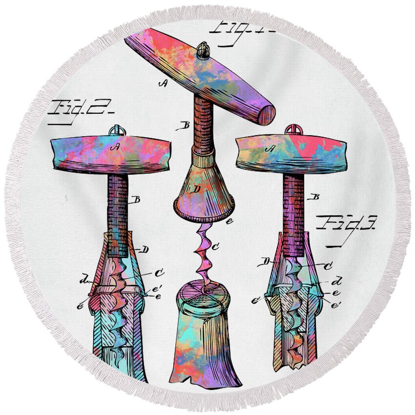 Wine Round Beach Towel featuring the digital art Colorful 1883 Wine Corckscrew Patent by Nikki Marie Smith