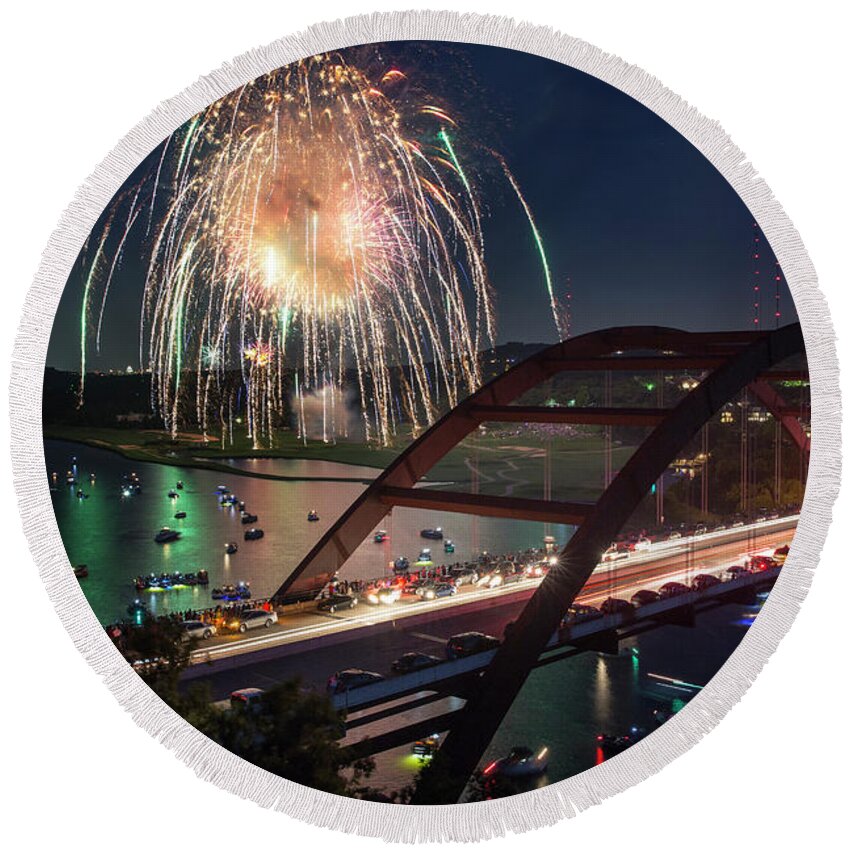 360 Bridge Round Beach Towel featuring the photograph Colorful 4th of July fireworks explode over the 360 Bridge over by Dan Herron