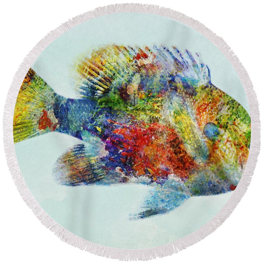 Color Fusion Round Beach Towel featuring the mixed media Colorful Bluegill Art by Olga Hamilton