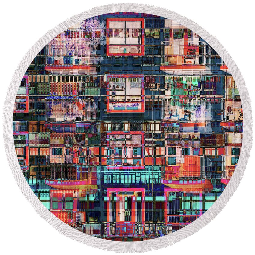 Collage Round Beach Towel featuring the photograph Colorful Buildings Collage by Phil Perkins