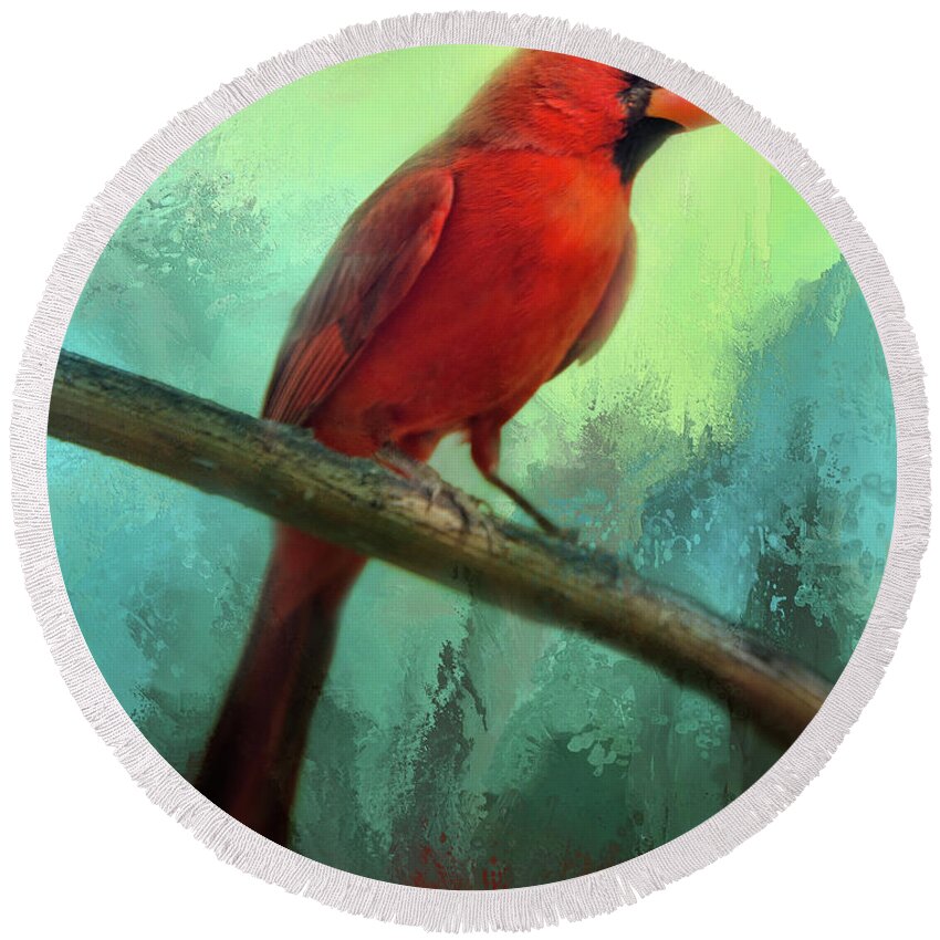 Cardinal Round Beach Towel featuring the photograph Colorful Cardinal by Barbara Manis