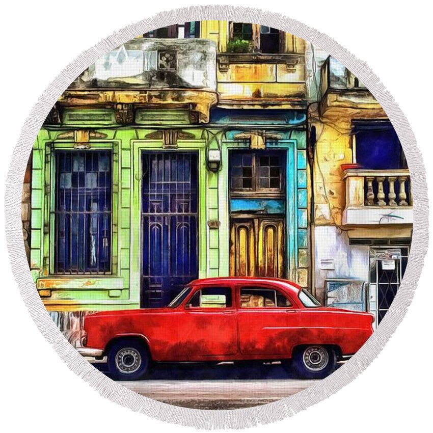 Red Round Beach Towel featuring the painting Colorful Cuba by Edward Fielding