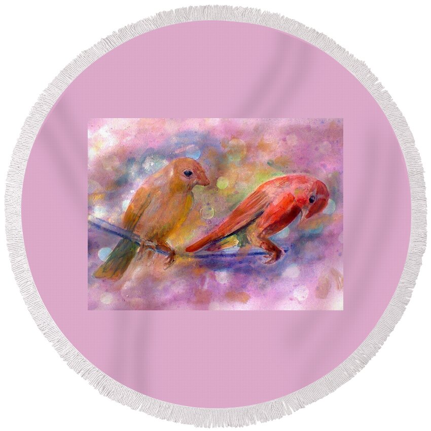 Birds Round Beach Towel featuring the painting Colorful Day by Khalid Saeed