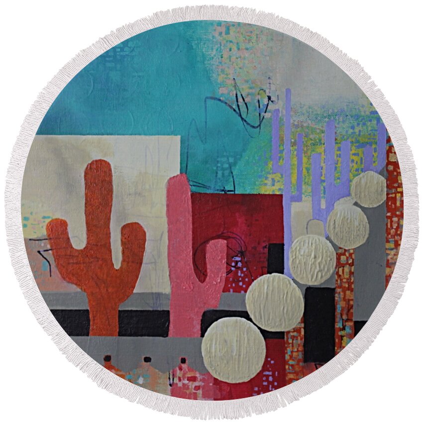 Abstract Round Beach Towel featuring the painting Colorful Desert by April Burton