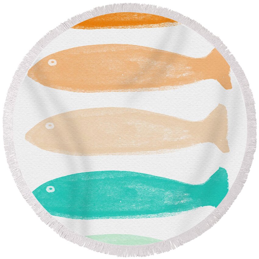 Goldfish Round Beach Towel featuring the painting Colorful Fish by Linda Woods