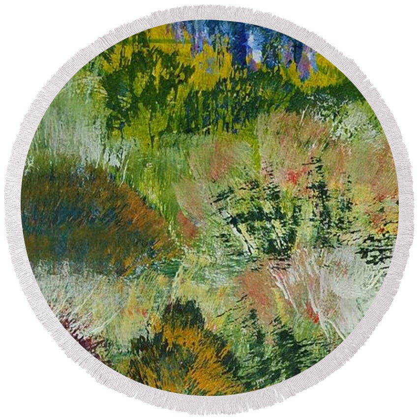 Darmouth Round Beach Towel featuring the painting Colorful Forest on Cliffs near the Sea in Dartmouth Devon by Mike Jory