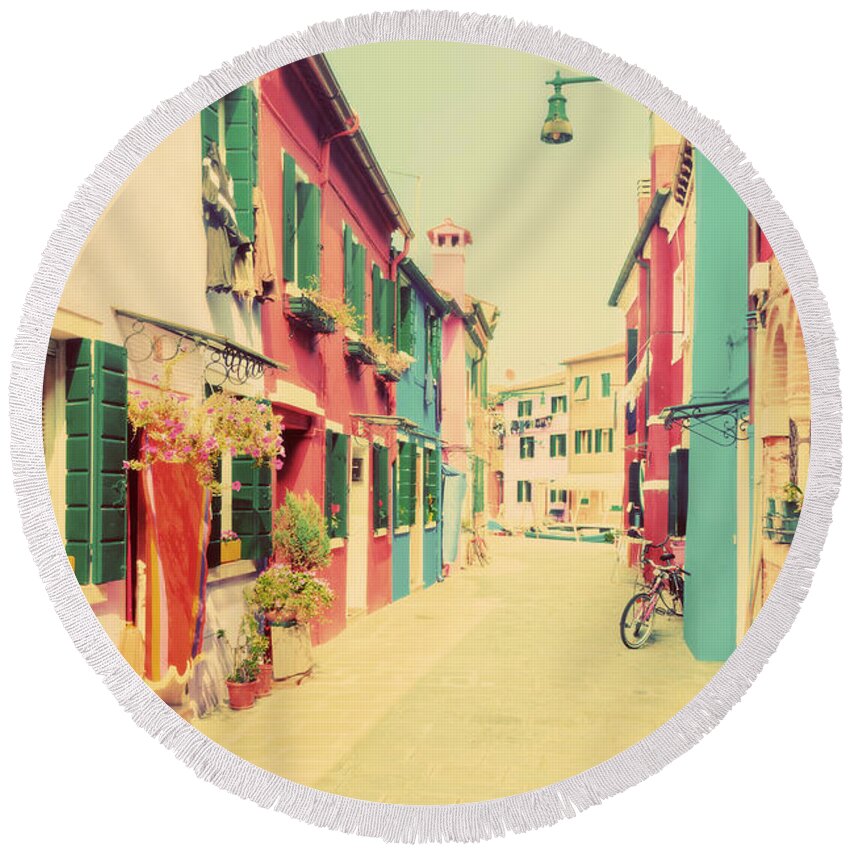 Burano Round Beach Towel featuring the photograph Colorful houses on Burano near Venice by Michal Bednarek