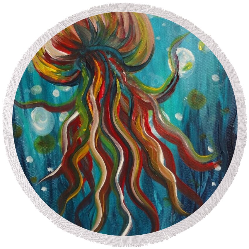 Colorful Round Beach Towel featuring the painting Colorful Jellyfish by Michelle Pier