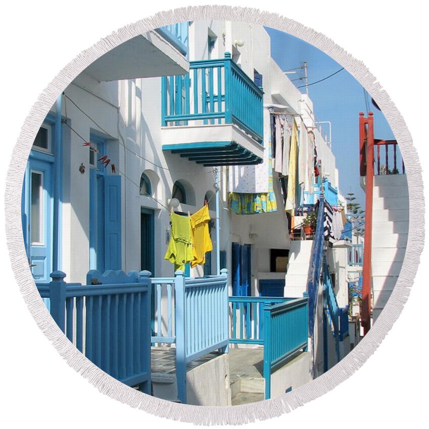 Mykonos Round Beach Towel featuring the photograph Colorful Mykonos by Carla Parris