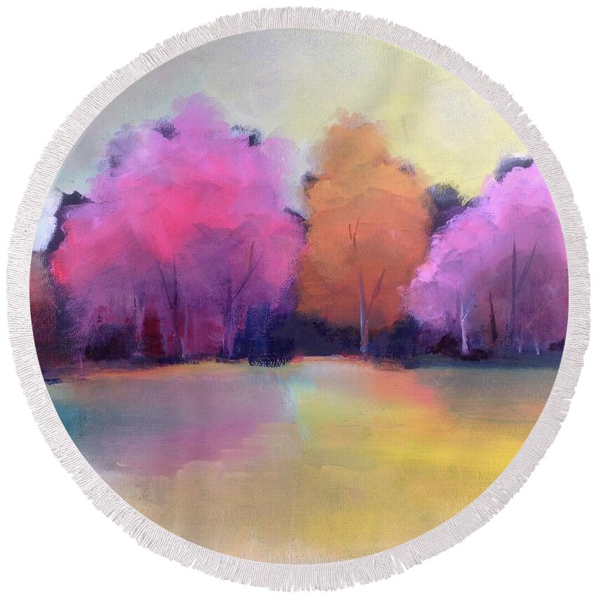 Trees Round Beach Towel featuring the painting Colorful Reflection by Michelle Abrams