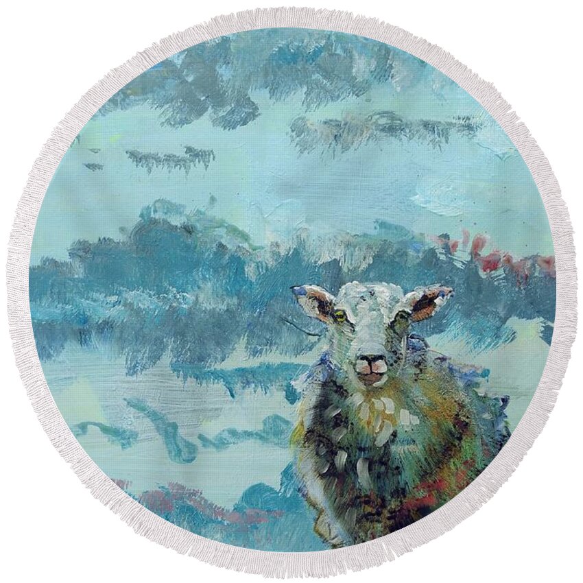 Sheep Round Beach Towel featuring the painting Colorful Sheep Art - Out Of The Stormy Sky by Mike Jory