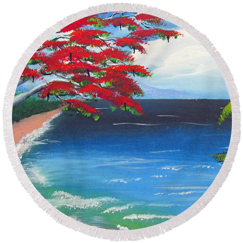 Flamboyant Round Beach Towel featuring the painting Colorful Tropical Seascape by Luis F Rodriguez