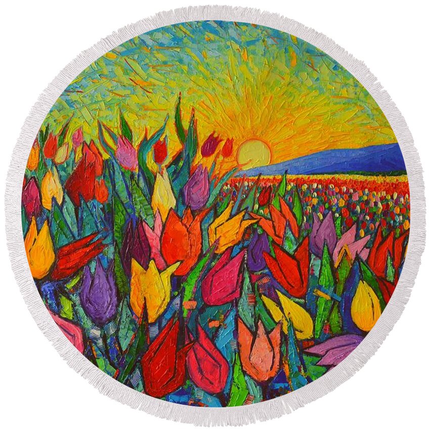 Tulip Round Beach Towel featuring the painting Colorful Tulips Field Sunrise - Abstract Impressionist Palette Knife Painting By Ana Maria Edulescu by Ana Maria Edulescu