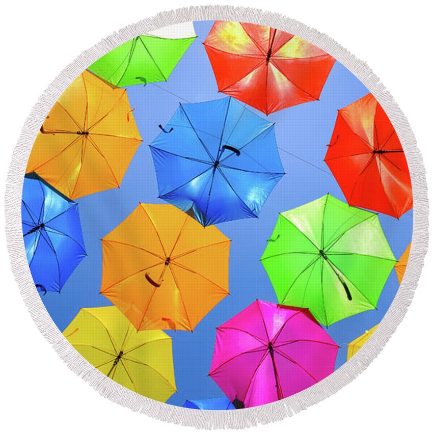 Umbrellas Round Beach Towel featuring the photograph Colorful Umbrellas I by Raul Rodriguez