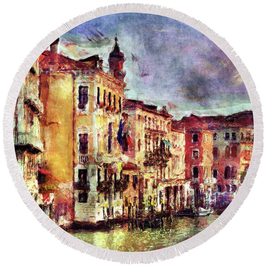 Venice Round Beach Towel featuring the digital art Colorful Venice Canal by Phil Perkins