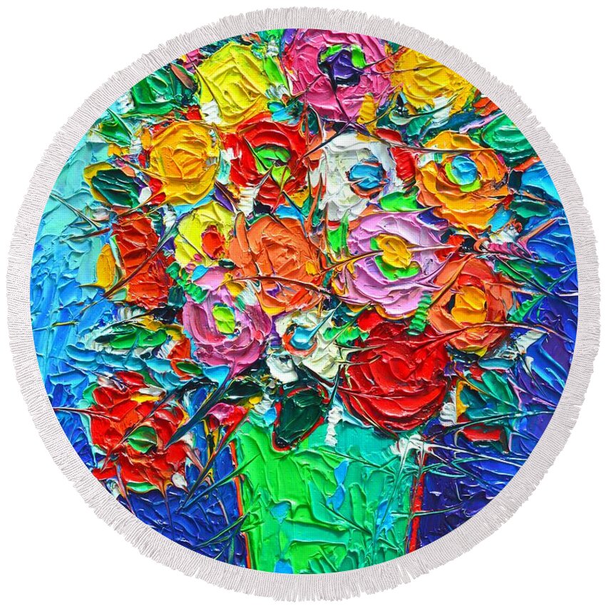 Abstract Round Beach Towel featuring the painting Colorful Wildflowers Abstract Modern Impressionist Palette Knife Oil Painting By Ana Maria Edulescu by Ana Maria Edulescu