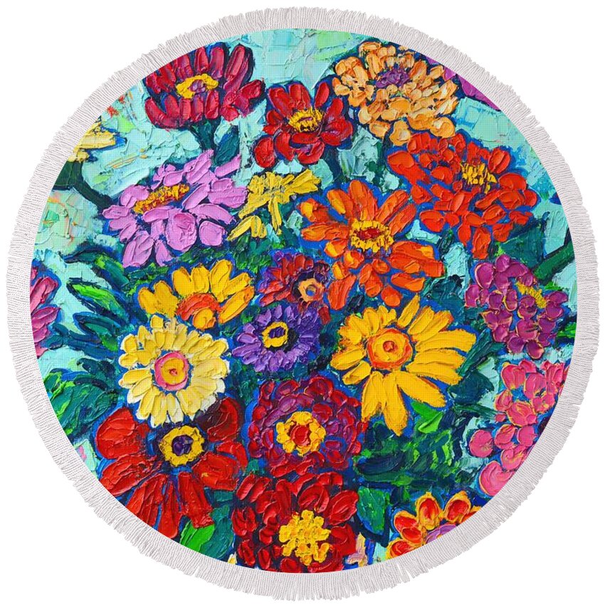 Flowers Round Beach Towel featuring the painting Colorful Zinnias Bouquet Closeup by Ana Maria Edulescu