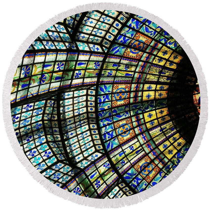 Colorful Stained Glass Ceiling In Paris Round Beach Towel featuring the photograph Colors of Paris by Bellanda