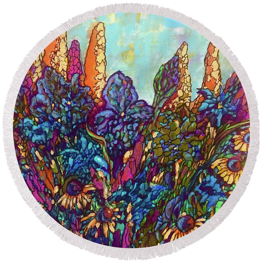 Floral Round Beach Towel featuring the painting Colorwild by Rae Chichilnitsky