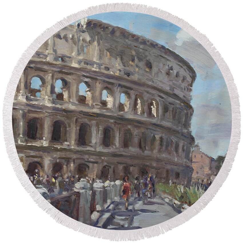 Colosseo Round Beach Towel featuring the painting Colosseo Rome by Ylli Haruni