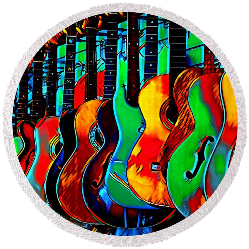 Guitars Round Beach Towel featuring the digital art Colour of Music by Pennie McCracken