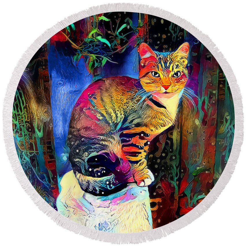 Cat Round Beach Towel featuring the digital art Colourful Calico by Pennie McCracken