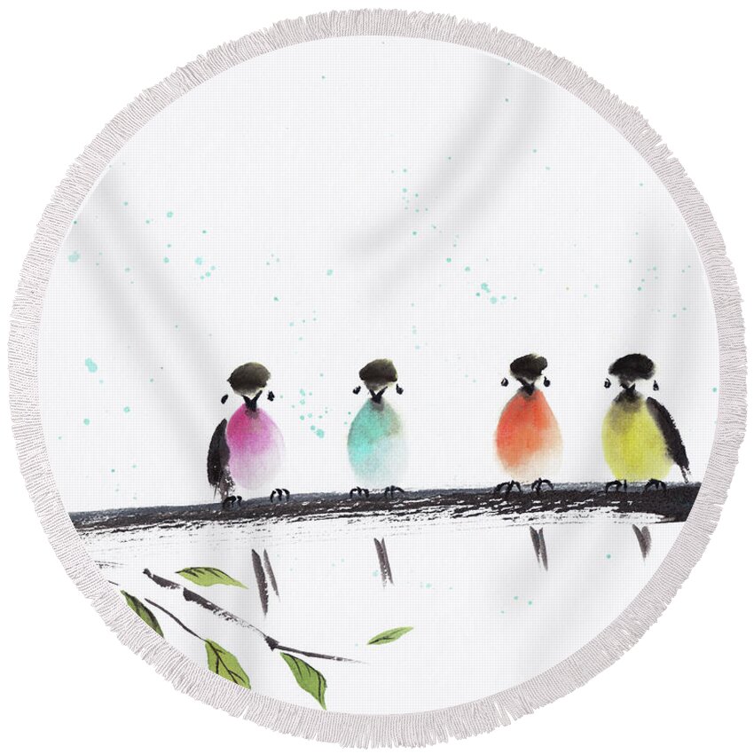 Zen Bird Painting Round Beach Towel featuring the painting Colourful Family by Oiyee At Oystudio