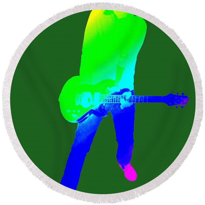 Green Round Beach Towel featuring the digital art colourful guitar player. Music is my passion by Ilan Rosen