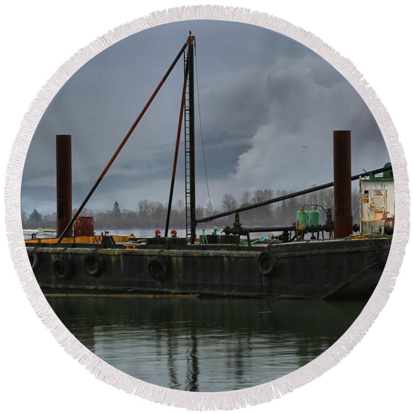 Tug Boat Round Beach Towel featuring the photograph Columbia River Gorge Tug Boat by Adam Jewell