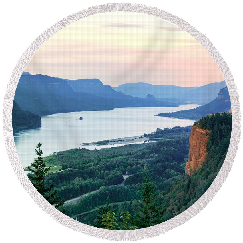 Sunset Round Beach Towel featuring the photograph Columbia River With Vista House by Mary Jo Allen
