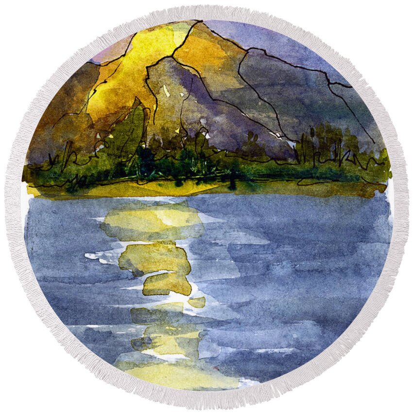 Watercolor Round Beach Towel featuring the mixed media Columbia Sunset by Tonya Doughty